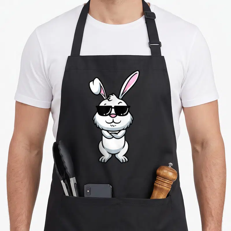 Tablier de cuisine noir avec illustration d'un lapin blanc aux lunettes noires et oreilles dressées, l'une pliée.