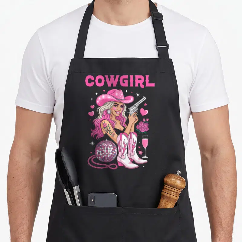 Tablier de cuisine noir avec illustration d'une cowgirl rose aux bottes à flammes et chapeau pailleté.
