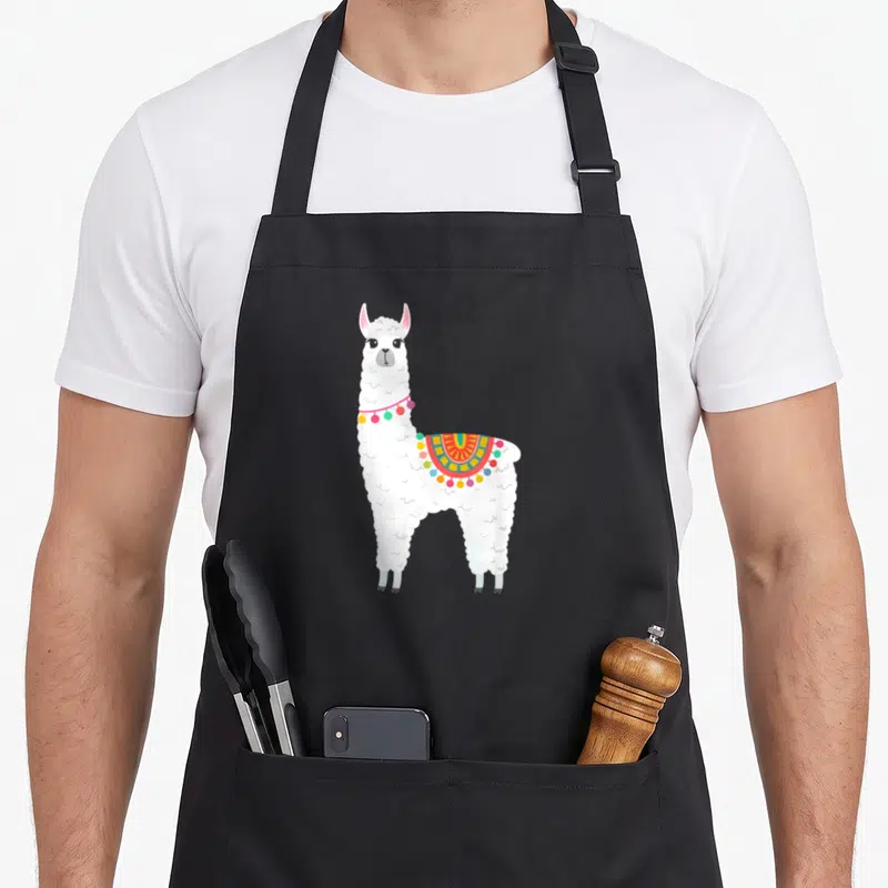Tablier de cuisine noir avec illustration d'un alpaga blanc portant une parure multicolore et des perles.