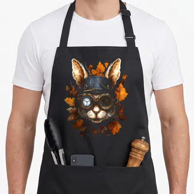 Tablier de cuisine noir avec illustration lapin steampunk lunettes horlogères et feuilles d'automne orange et brunes.