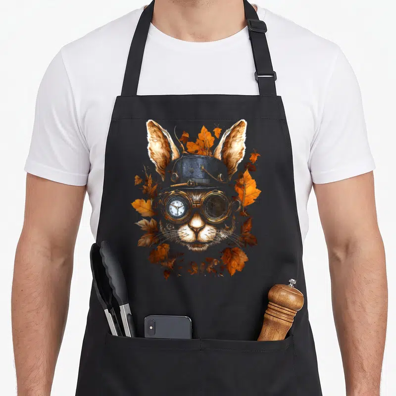 Tablier de cuisine noir avec illustration lapin steampunk lunettes horlogères et feuilles d'automne orange et brunes.