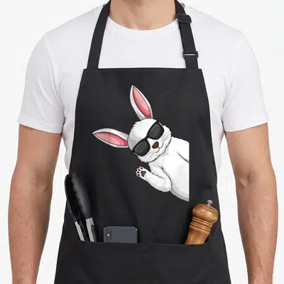 Tablier de cuisine noir avec un lapin blanc aux lunettes noires et une patte levée en signe de salut.