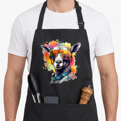 Tablier de cuisine noir avec une chèvre portant des lunettes de soleil multicolores et un collier bleu sur fond d'éclats de peinture.