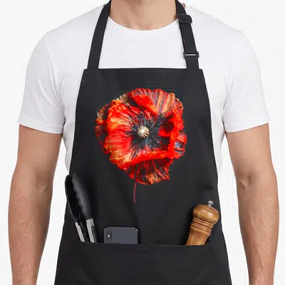 Tablier de cuisine noir avec une grande fleur de coquelicot rouge aux détails botaniques et un centre doré texturé.