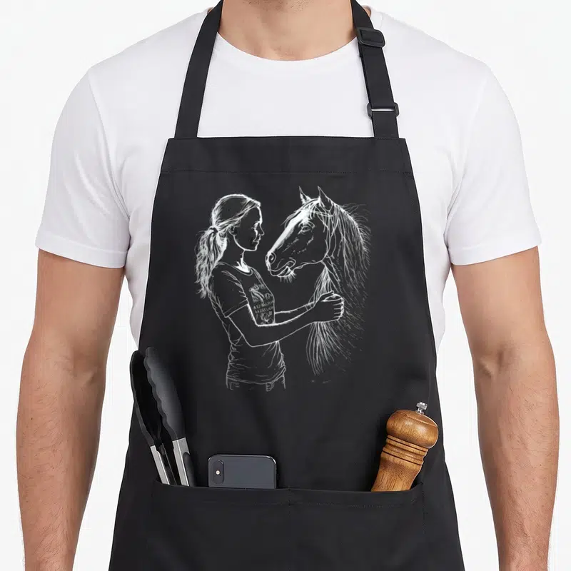 Tablier de cuisine noir avec dessin au trait blanc d'une femme caressant un cheval.