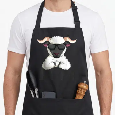 Tablier de cuisine noir avec illustration d'un mouton à nez noir portant des lunettes de soleil et le texte Nope.