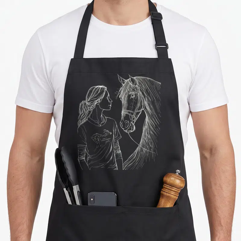 Tablier de cuisine noir avec dessin au trait d'une femme regardant un cheval de profil.