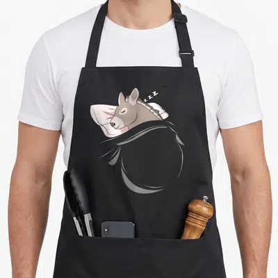 Tablier de cuisine noir avec illustration d'un âne dormant sur oreiller rose sous couverture grise et texte Pyjama cadeau de sieste L'âne.