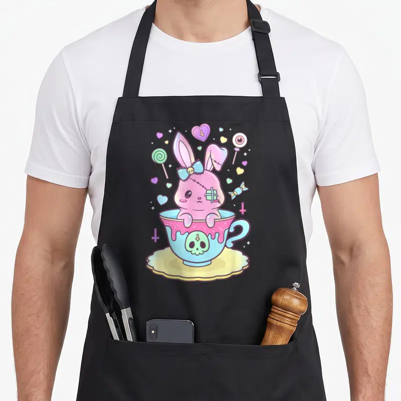Tablier de cuisine noir avec un lapin rose stitched dans une tasse bleue ornée d'un crâne vert et de suceries colorées.