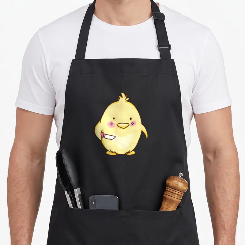 Tablier de cuisine noir avec poussin jaune mignon tenant un petit couteau rose et blanc.