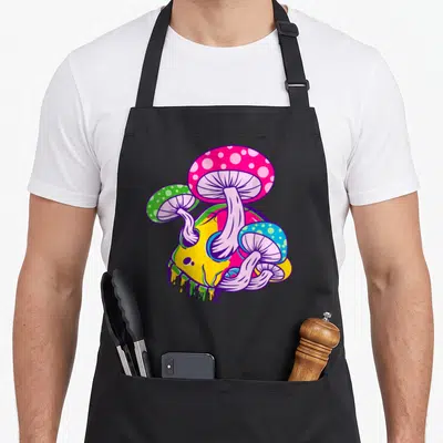Tablier de cuisine noir avec crâne jaune schmelzen et champignons colorés roses verts et bleus sur fond uni.