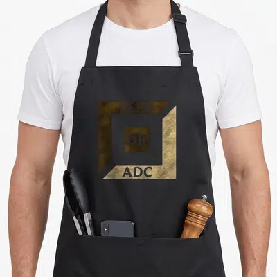 Tablier de cuisine noir avec un logo géométrique aux tons bronze et or portant les mots Feed Or ADC.