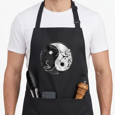 Tablier de cuisine noir avec illustration Yin Yang associant une crane blanche et un serpent dans un style calligraphique ancien.