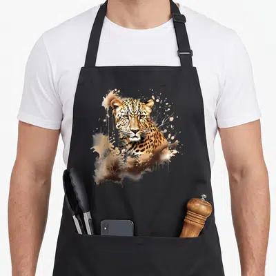 Tablier de cuisine noir avec illustration léopard splash art savane faune animalier doré et noir