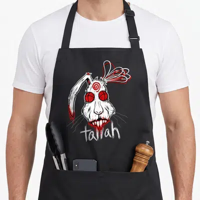 Tablier de cuisine noir avec illustration d'un lapin blanc aux yeux rouges et au style horror.