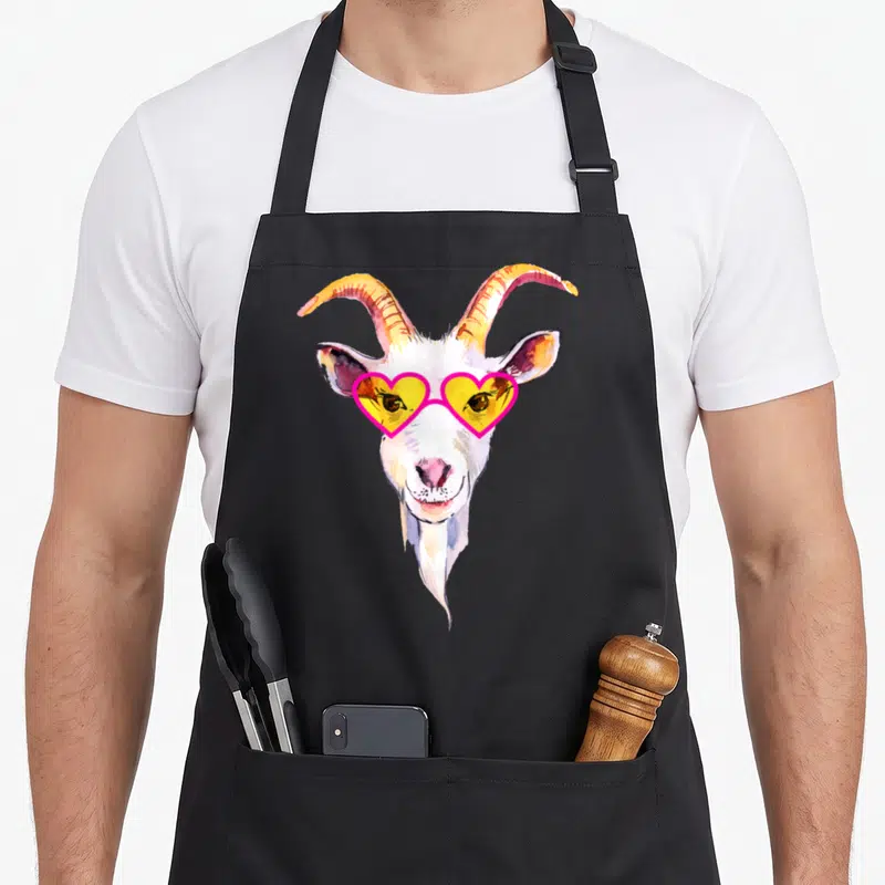 Tablier de cuisine noir avec illustration d'un chèvre portant des lunettes cœur roses et jaunes au design pop art.