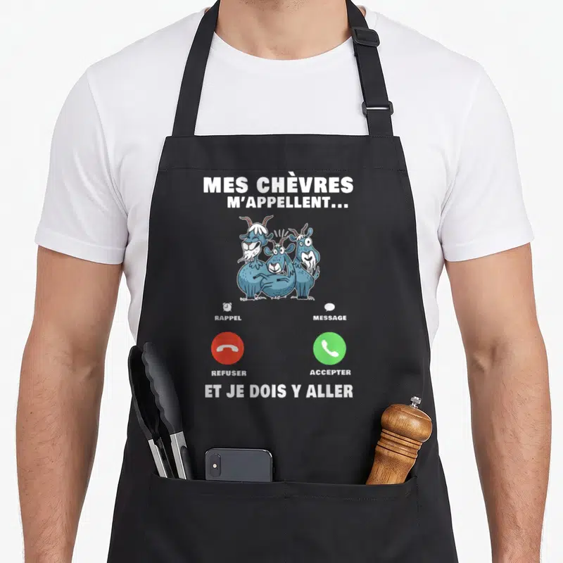 Tablier de cuisine noir avec trois chèvres bleues et les boutons accepter ou refuser d'un appel téléphonique.
