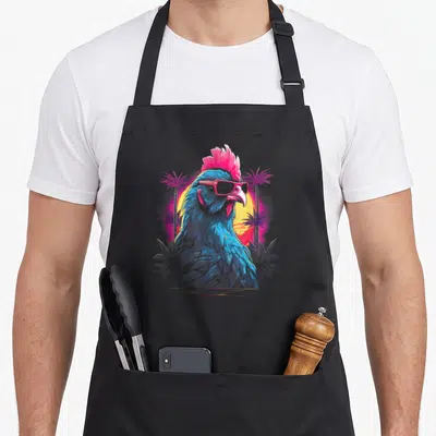Tablier de cuisine noir avec illustration d'un coq bleu portant des lunettes de soleil roses devant un coucher de soleil tropical.