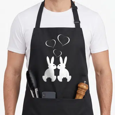 Tablier de cuisine noir avec deux lapins blancs face à face et trois cœurs en contour au-dessus.