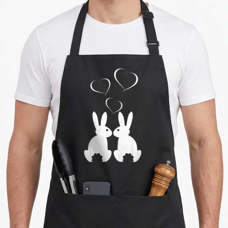 Tablier de cuisine noir avec deux lapins blancs face à face et trois cœurs en contour au-dessus.