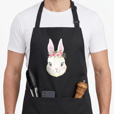 Tablier de cuisine noir avec illustration d'un lapin blanc portant une couronne de fleurs roses et de feuilles vertes sur la tête.