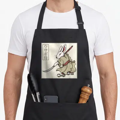 Tablier de cuisine noir avec illustration d'un lapin samouraï tenant une katana et calligraphie japonaise.