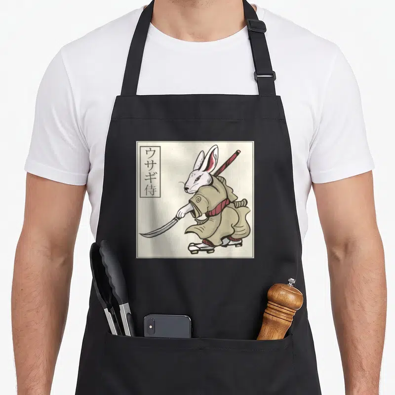 Tablier de cuisine noir avec illustration d'un lapin samouraï tenant une katana et calligraphie japonaise.