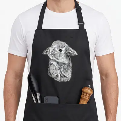 Tablier de cuisine noir avec illustration détaillée d'un petit lapin aux oreilles tombantes tracée en traits fins noirs.