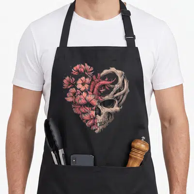 Tablier de cuisine noir avec un crâne en forme de cœur contenant des fleurs roses et un cœur anatomique rouge.