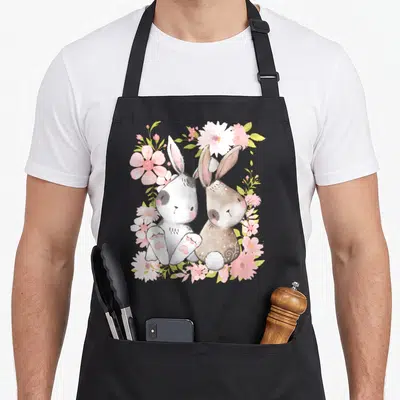 Tablier de cuisine noir avec illustration de deux lapins entourés de fleurs roses et vertes dans un style aquarelle douce.