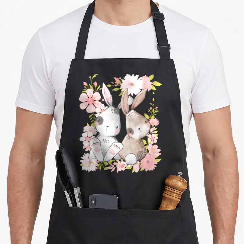 Tablier de cuisine noir avec illustration de deux lapins entourés de fleurs roses et vertes dans un style aquarelle douce.