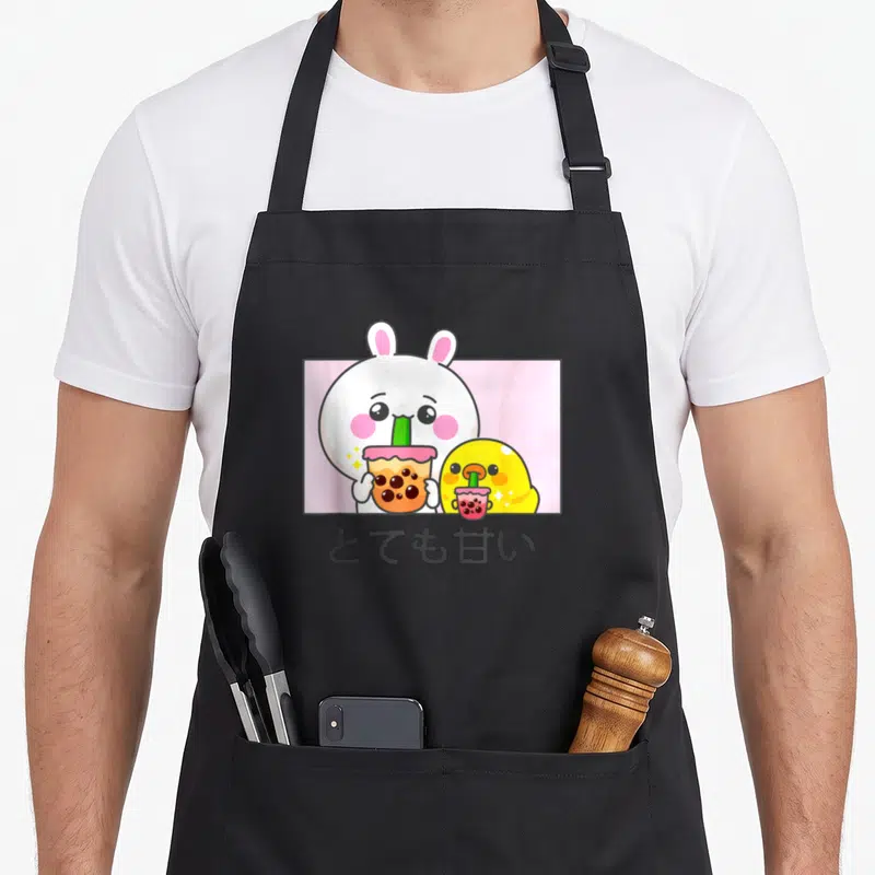 Tablier de cuisine noir avec illustration d'un lapin blanc et d'un canard jaune buvant du bubble tea sur fond rose.
