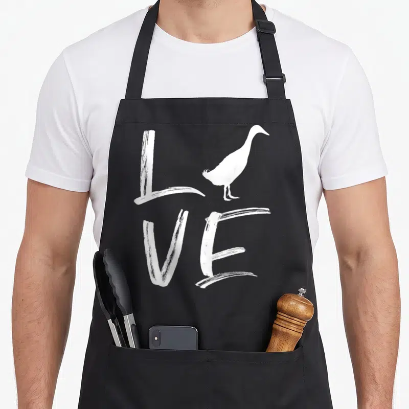Tablier de cuisine noir avec le mot Love en lettres blanches et silhouette d'un canard coureur indien posé sur la lettre O.