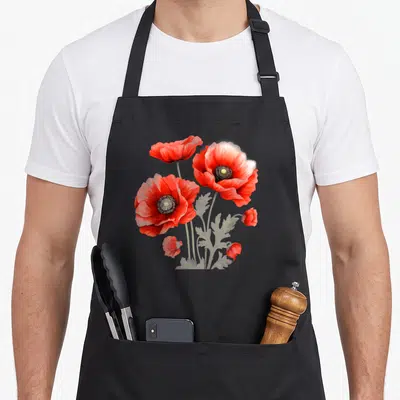 Tablier de cuisine noir avec illustration de fleurs de coquelicot rouges et de feuilles gris clair au style botanique vintage.