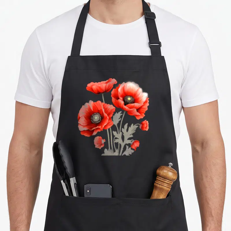 Tablier de cuisine noir avec illustration de fleurs de coquelicot rouges et de feuilles gris clair au style botanique vintage.