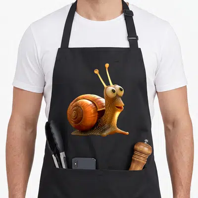 Tablier de cuisine noir avec illustration d'escargot 3D aux yeux ronds et coquille spiralée orange-brun