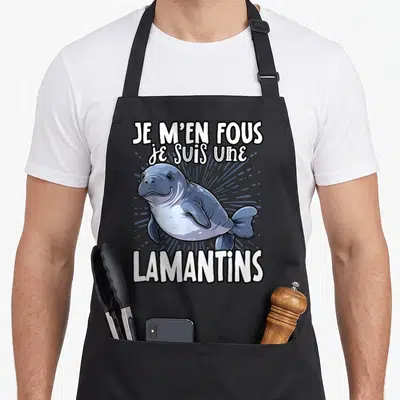 Tablier de cuisine noir orné d'un dessin coloré représentant un lamantin souriant avec du texte blanc en haut et en bas.