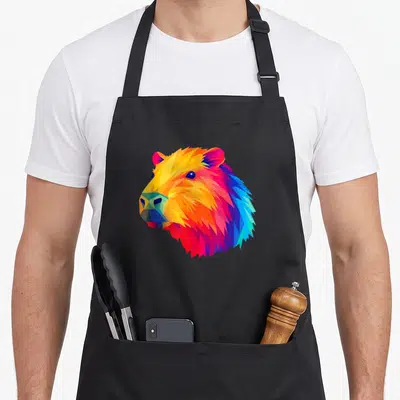 Tablier de cuisine noir avec tête de capybara aux couleurs vives en style géométrique.