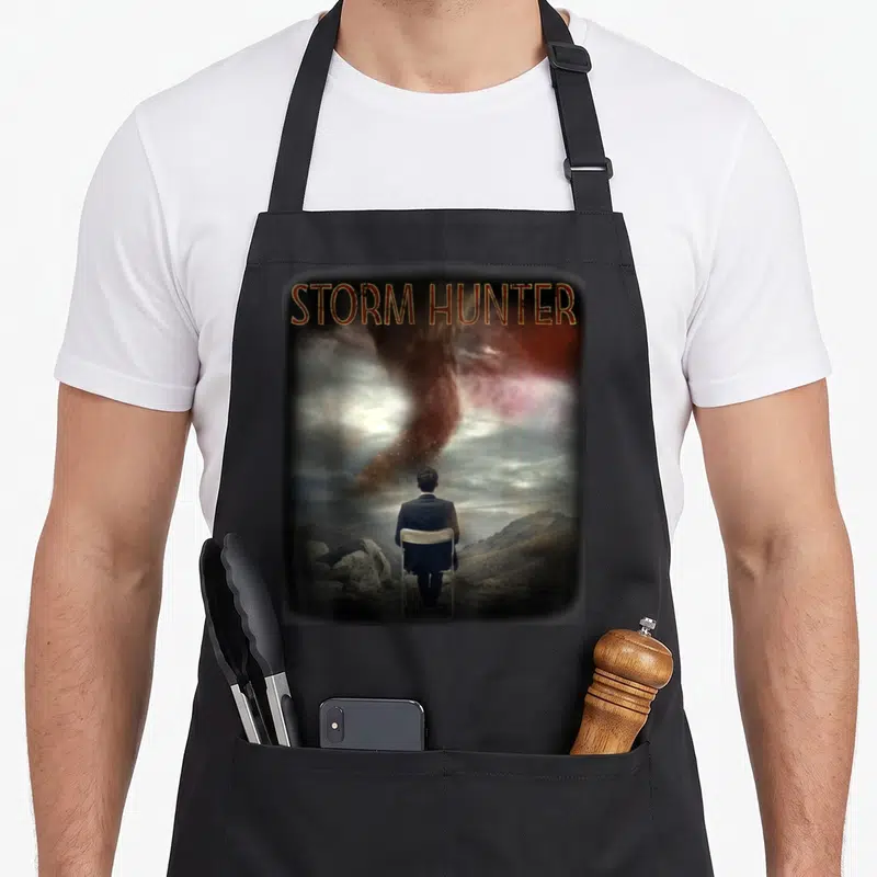 Tablier de cuisine noir avec un homme assis face à une tornade et le texte Storm Hunter en haut.