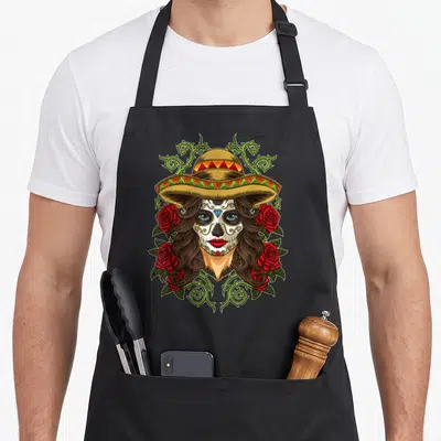 Tablier de cuisine noir avec une illustration de Calavera Catrina coiffée d'un sombrero et encadrée de roses rouges.