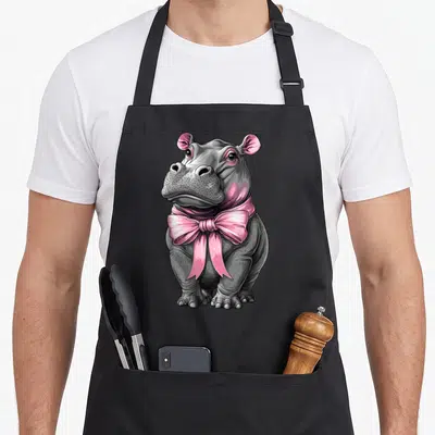 Tablier de cuisine noir avec illustration d'un hippopotame gris portant un grand nœud rose vif autour du cou.