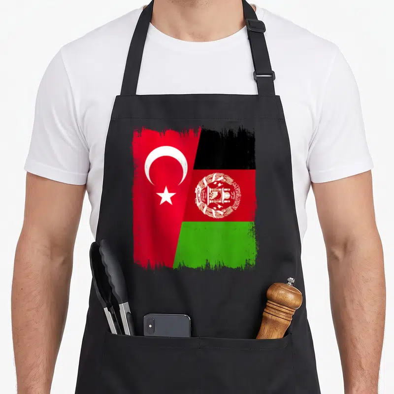 Tablier de cuisine noir avec un drapeau afghan turc usure en deux parties distinctes.