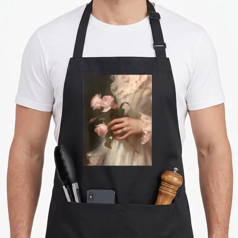 Tablier de cuisine noir avec une illustration romantique de roses roses et une main ornée d'un bijou sur fond sombre.