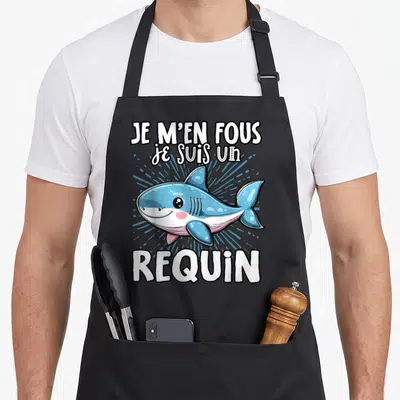 Tablier de cuisine noir avec un dessin de requin bleu souriant et le texte Je m'en fous je suis un requin.
