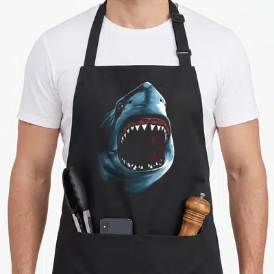 Tablier de cuisine noir avec une illustration d'un grand requin blanc à la bouche ouverte montrant ses dents acérées en bleu et rouge.