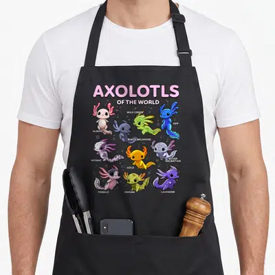 Tablier de cuisine noir avec une illustration colorée de dix axolotls kawaii et leurs noms de variétés en anglais.