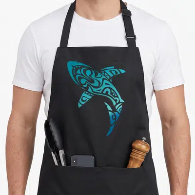 Tablier de cuisine noir avec un grand requin aux motifs tribaux bleus et cyan sur fond uni.