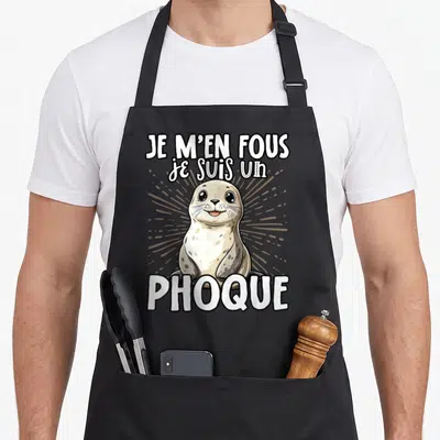 Tablier de cuisine noir avec illustration d'un phoque mignon et texte Je m'en fous je suis un phoque en blanc.