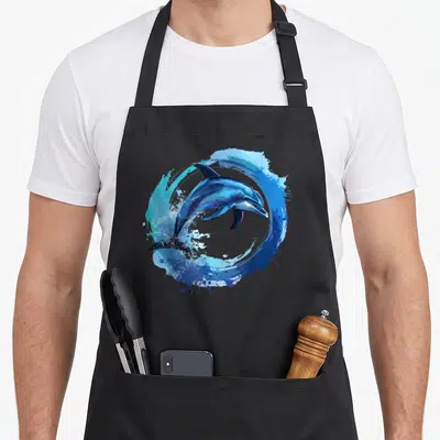 Tablier de cuisine noir avec illustration d'un dauphin bleu sautant au milieu d'une vague circulaire.