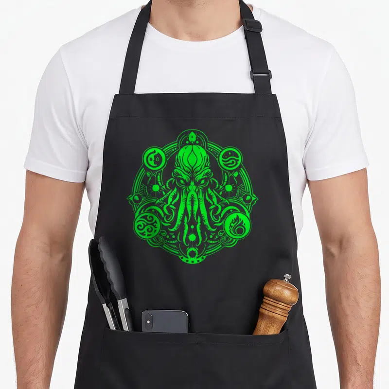 Tablier de cuisine noir avec un Kraken Cthulhu pieuvre stylisé en vert fluorescent au centre.